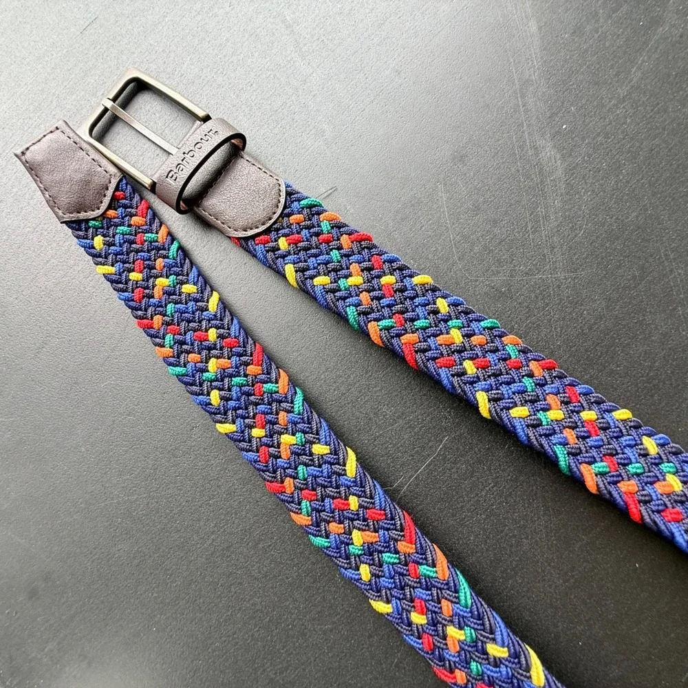 Barbour Mens Woven Stretch Belt Multicolor Navy Blue Red Yellow Green Braided